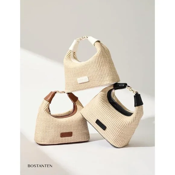 Women Straw Crossbody Bag Raffia Clutch Shoulder Handbag Summer Beach Black - Picture 6 of 6